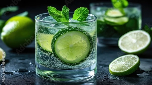 Obraz Refreshing lime and mint drink with ice.  A light, bubbly beverage garnished with lime slices and fresh mint leaves.  Crisp and cool