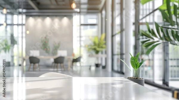 Fototapeta Blurred office interior background. Empty light open space office with big windows, many glasses walls, desks, chairs and green plants. Modern indoor business environment