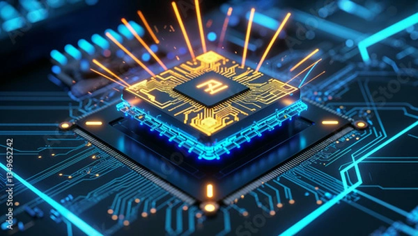 Fototapeta A futuristic 3D-rendered visualization of a glowing AI microchip embedded in a digital motherboard. The chip pulses with neon-blue and gold circuits, radiating energy waves outward. 