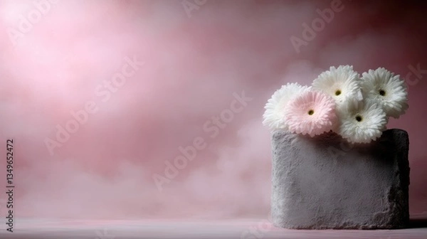 Obraz Delicate pastel flowers on a stone pedestal, soft lighting