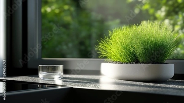 Obraz Modern windowsill with potted grass and glass