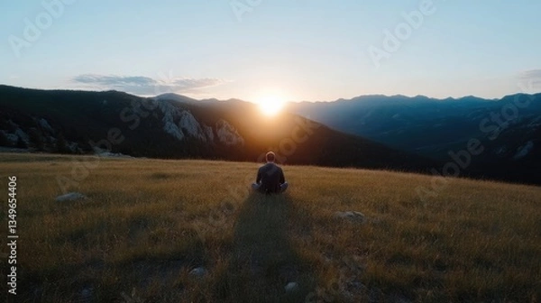 Obraz Man meditating atop mountain at sunset