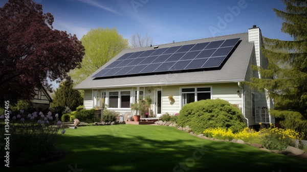 Fototapeta Suburban house with a row of solar panels on the roof, surrounded by green trees and manicured lawn under a clear sky