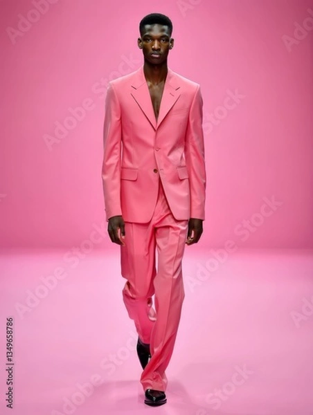 Obraz Fashion model walking runway in bright pink suit against matching pink background. Full-body editorial shot showcasing modern tailoring with black dress shoes.