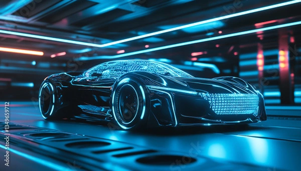 Fototapeta futuristic electric car with holographic projection, blue neon lights and digital background .