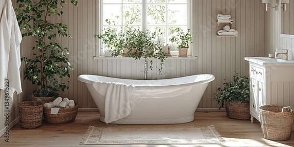 Fototapeta Elegant bathroom with a freestanding tub and plants, designed for relaxation and tranquility in a modern home