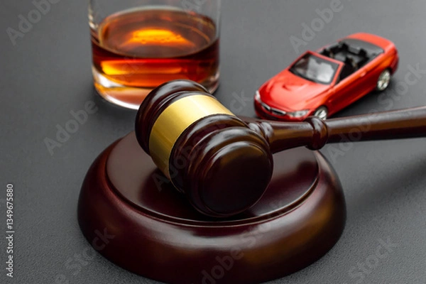 Fototapeta Judge's gavel with toy car and glass of whiskey on black.