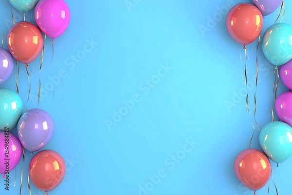 Fototapeta Bright and colorful birthday balloons floating on a blue background with space for text