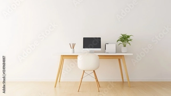 Fototapeta Connectivity Sustainability Alternative style. Minimalist workspace with computer and plant on a wooden floor.
