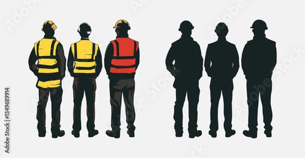 Obraz Vector illustration of construction workers in safety vests and helmets, viewed from behind. Silhouettes and detailed figures represent teamwork, safety, and industrial work environments