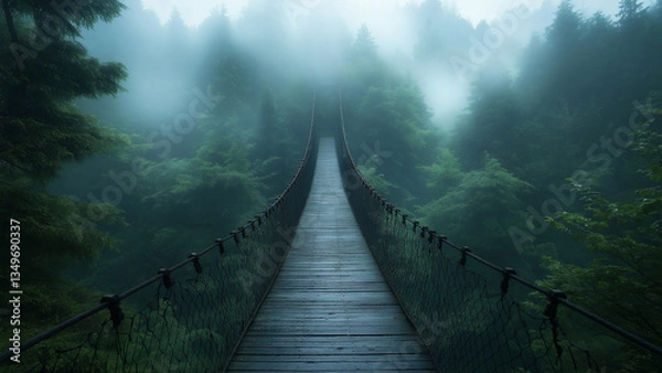 Fototapeta Mysterious forest bridge surrounded by fog and lush greenery in morning light