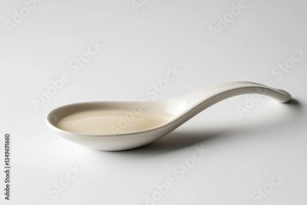 Obraz A porcelain spoon holds a small amount of light beige liquid against a white background.