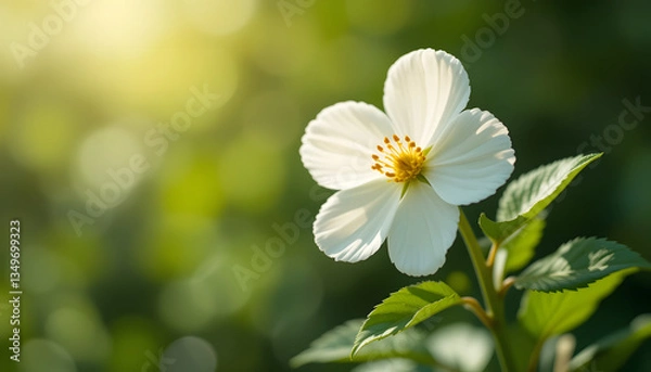Obraz Delicate white wildflower in full bloom, bathed in warm sunlight, standing against a blurred green background, symbolizing purity, simplicity, and the beauty of nature