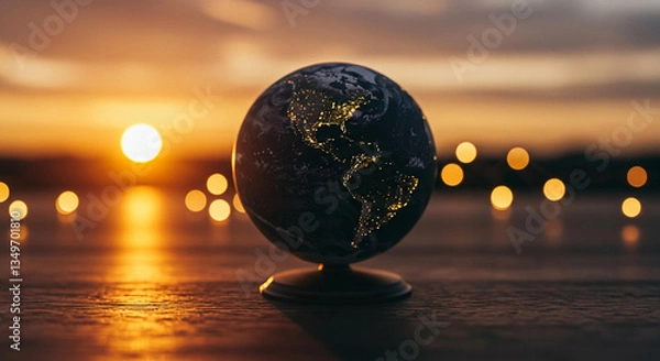 Fototapeta Illuminated Earth Globe at Sunset Global Connection Concept World Map
