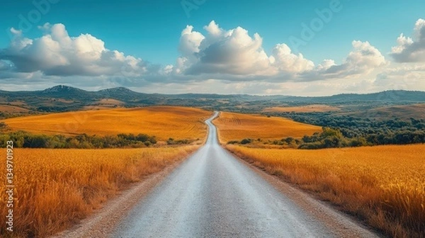 Fototapeta Scenic journey through golden fields leading towards distant hills under sky