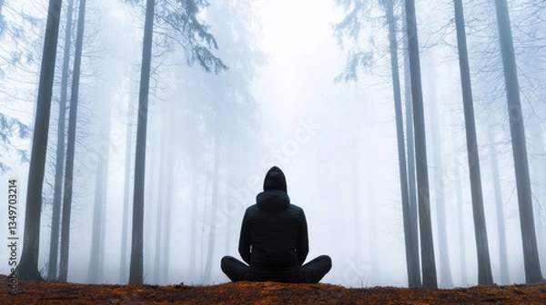 Fototapeta person meditating in foggy forest, surrounded by tall trees, creates serene atmosphere