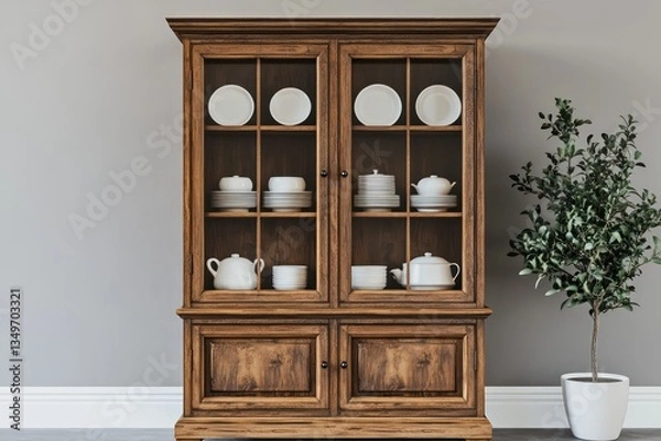 Fototapeta Wooden china cabinet filled with dishes, room interior design