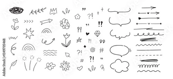 Fototapeta Hand drawn different simple line elements. Doodle sketch style arrows, scribbles, stars, speech bubbles and underlines. Vector grunge element set on white background.