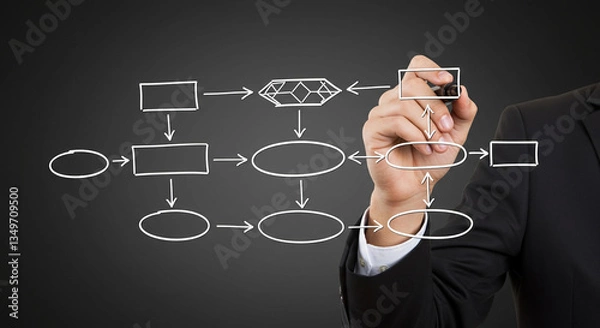 Fototapeta Business Process Diagram Flowchart Strategy Planning Hand Drawing Workflow on Dark Background