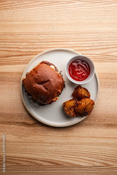 Fototapeta Gourmet Burger with Roasted Potatoes and Ketchup on a Minimalist Plate

