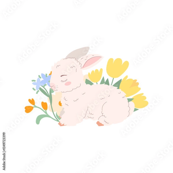 Fototapeta Happy Easter. Religious christian symbol lamb of god and spring flowers. Lamb is symbol of Christ's sacrifice. A cute lamb is lying surrounded by flowers. Vector illustration