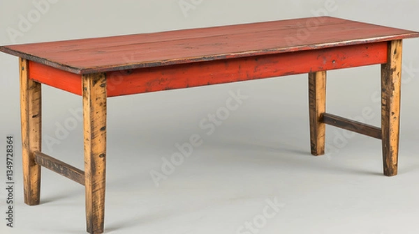 Fototapeta Rustic red farmhouse table, wooden legs, simple design, studio shot, for home d?cor