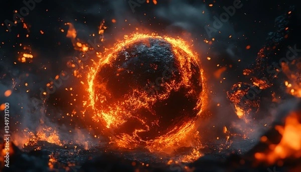 Fototapeta A symbolic digital artwork of Earth wrapped in intense fire, showcasing the urgency of environmental collapse, vivid colors, stunning realism, ultradetailed, 8K, cinematic lighting