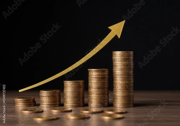Fototapeta Stacks of coins with golden upward arrow indicating financial growth on a wood surface and black background
