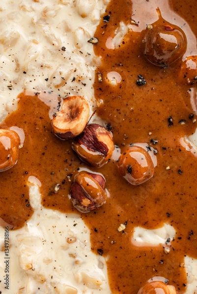 Fototapeta Creamy Oatmeal with Caramelized Hazelnuts and Spiced Sauce