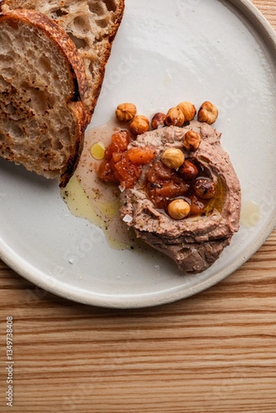 Fototapeta Rustic Pâté with Toasted Sourdough, Caramelized Hazelnuts, and Fruit Chutney

