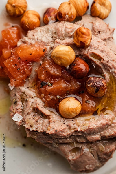 Fototapeta Close-Up of Gourmet Pâté with Caramelized Hazelnuts and Fruit Chutney

