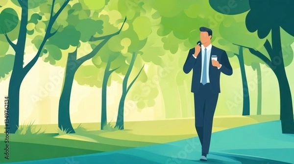 Fototapeta Businessman Walking in a Lush Green Park, Enjoying a Coffee Break and a Phone Call.