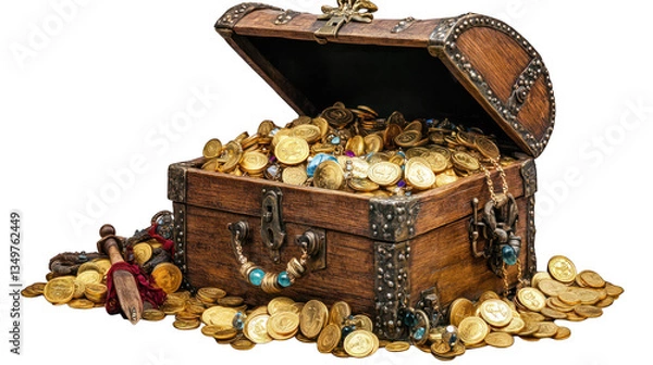 Fototapeta A pirate?s treasure chest overflowing with gold coins and jewels on a transparent background 