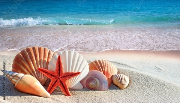 Fototapeta 3d wallpaper shells and starfish on the beach with waves and sand colorful in nature style