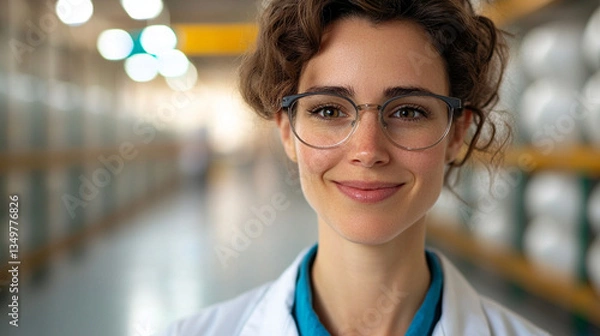 Fototapeta confident scientist smiling in laboratory setting, wearing glasses and lab coat, surrounded by scientific equipment and shelves