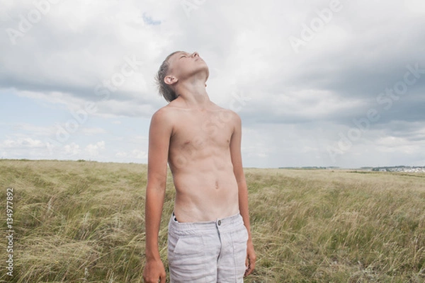 Fototapeta young boy stands in a field. boy in shorts. boy stands in the desert. feather in the field. boy looking up at the sky. dreamer

