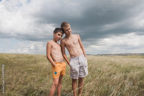 Fototapeta young boys standing in a field. boys in shorts. Boys stand in the desert. feather in the field. boy looking up at the sky. dreamer. two brothers. two friends. children playing in the field.
