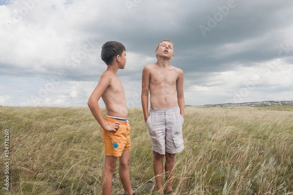 Fototapeta young boys playing in a field.  boys in shorts. Boys stand in the desert. feather in the field. boy looking up at the sky. dreamer. two brothers. two friends. children playing in the field.