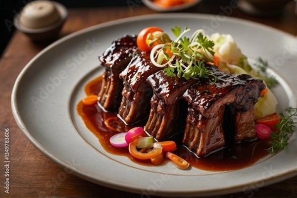 Obraz Artificial meat with rib-like shape offers juicy bite for curious palates. Glazed exterior and succulent layers underscore artificial innovation, bridging comfort and futuristic dining