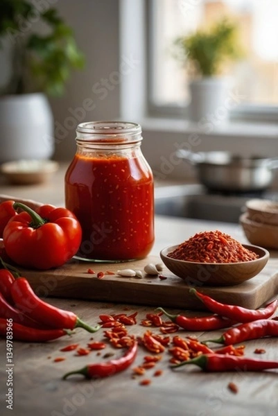 Obraz Savory chili spread made with fresh peppers and mild spices showcases spread versatility in modern kitchens. Vivid color, bold aroma, and gentle heat satisfy wide-ranging taste buds
