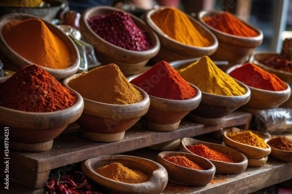 Obraz Mounds of turmeric, paprika, and chili envelop bazaar ambiance for cultural immersion. Rustic displays and aromatic clouds inspire bazaar exploration among global spice aficionados