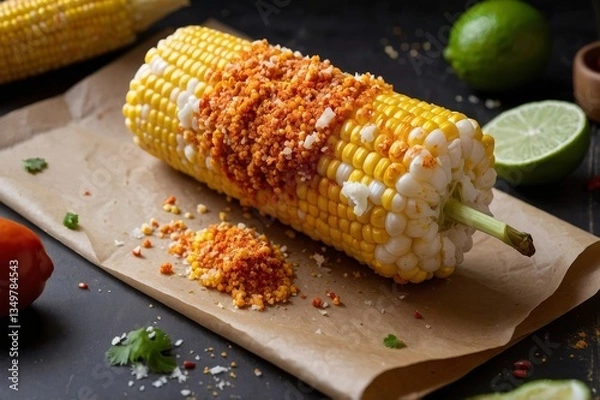 Obraz Maize cob coated with chili powder and crumbly cheese truly celebrates maize essence for adventurous palates. Zesty lime accent and vibrant color highlight lively street food culture