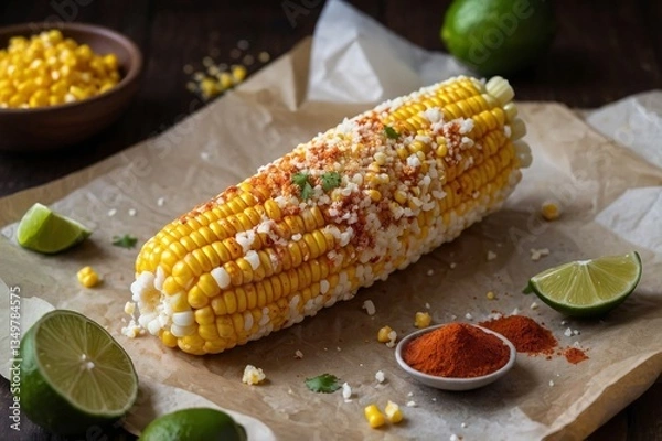 Obraz Corn on parchment paper with chili powder, crumbly cheese, and fresh lime celebrates corn delight for fans of spicy street food. Tangy topping and vibrant color captivate culinary explorers.