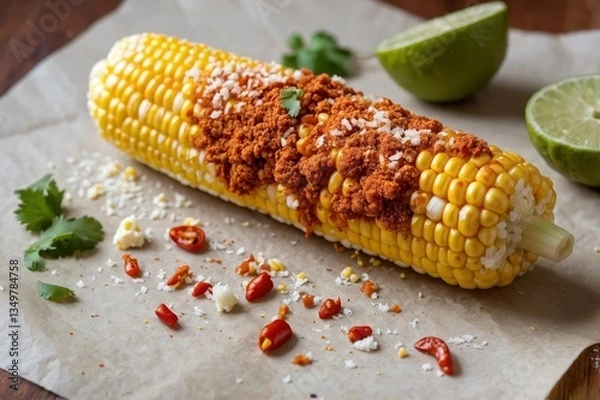 Obraz Zesty corn ear slathered in chili powder and cheese offers snack sensation for spice lovers. Vibrant color and tangy garnish define snack delight at casual gatherings, fueling bold cravings