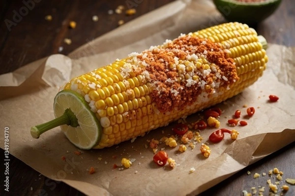 Obraz Fresh corn cob layered with tangy chili crumble becomes savory treat for adventurous eaters. Zesty lime accent and crumbly cheese enhance treat enjoyment at relaxed mealtime gatherings