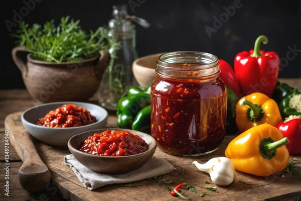 Obraz Bright pepper relish served in open jar highlights relish appeal for fans of tangy flavors. Fresh peppers and aromatic spices promise zesty taste, perfect for quick savory fix