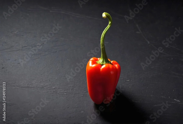 Obraz Bright pepper standing upright on dark slate showcases pepper vibrancy. Smooth texture and striking color invite creative kitchen uses, celebrating fresh produce in simple elegance