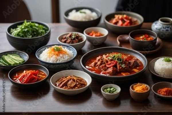 Obraz Spicy Korean stew surrounded by bowls of rice, vegetables, and banchan conveys comforting stew moment. Bright peppers and savory aroma highlight cultural tradition and communal dining