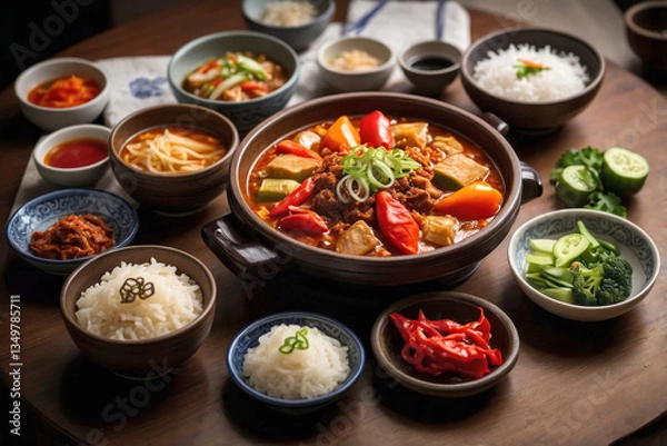 Fototapeta Sizzling stew loaded with peppers, tofu, and veggies forms savory centerpiece. Surrounding bowls of rice, banchan, and dipping sauces reflect dynamic flavors and cherished korean mealtime