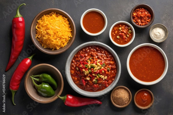 Obraz Vibrant chili stew paired with rice, beans, and peppers showcases robust flavor selection. Thick tomato base, zesty seasonings, and mild heat unite for hearty culinary satisfaction